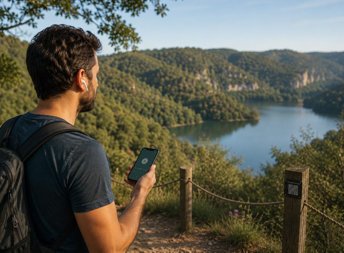 Un visiteur scanne un QR code Questor face &agrave; une vall&eacute;e
